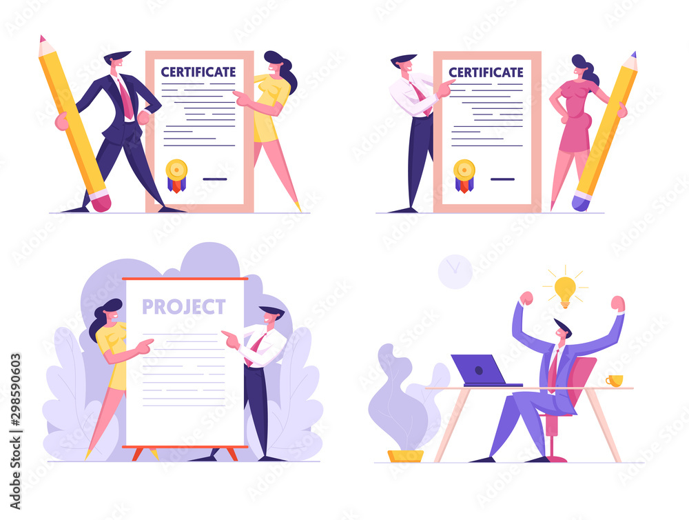 Creative Idea, Certificate and Project Signing Set. Business People Holding Paper Document, Businessman Sitting at Desk Rejoice with Glowing Light Bulb above Head. Cartoon Flat Vector Illustration