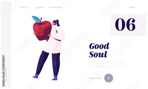 Participating in Food Donation Website Landing Page. Smiling Girl Carry Huge Apple for Donating and Distribution to Hungry Homeless People, Beggars Web Page Banner. Cartoon Flat Vector Illustration