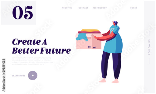 Girl Carry Box with Donated Dressing Website Landing Page.Volunteer in T-shirt with Emblem of Charity Organization Collecting Clothes for Beggars Web Page Banner. Cartoon Flat Vector Illustration