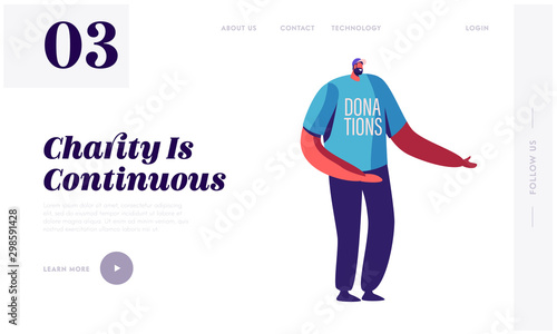 Donation and Volunteers Work Website Landing Page. Friendly Smiling Man Wearing T-shirt and Cap with Charity Organization Label Offer Support to People Web Page Banner Cartoon Flat Vector Illustration