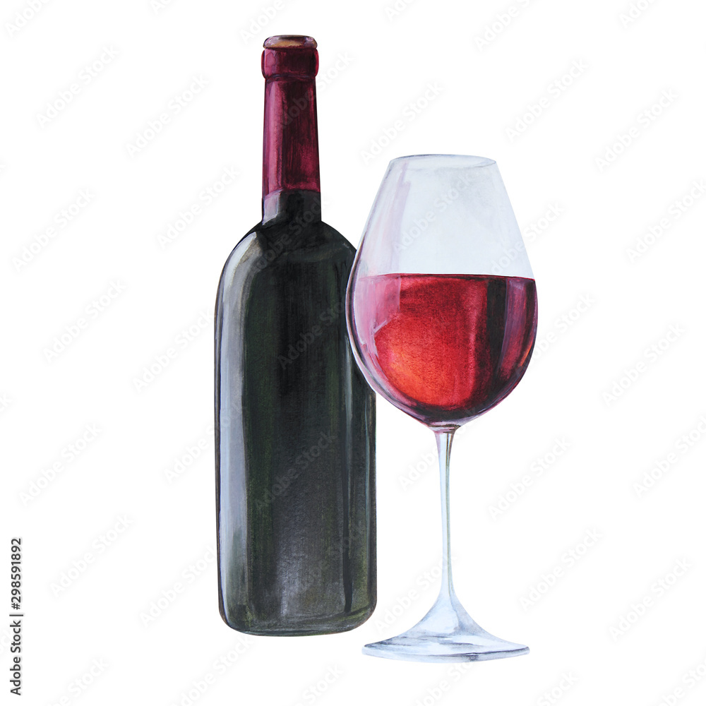 red wine bottle and wine glass, watercolor illustration isolated on white background red wine bottle and wine glass, watercolor illustration isolated on white background