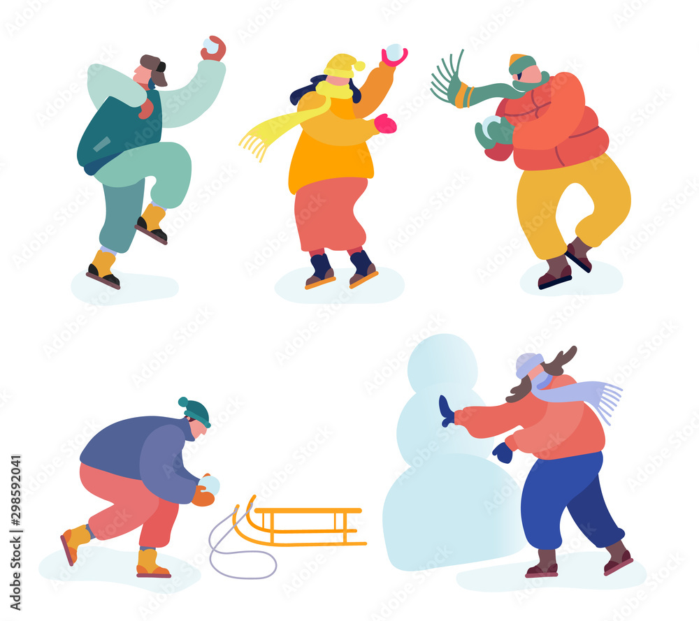 Christmas Holidays Activities Set. Snowballs Battle between Friends Teams. Happy Young People Company in Warm Clothes Snow Balls Fight, Sledding and Making Snowman Cartoon Flat Vector Illustration