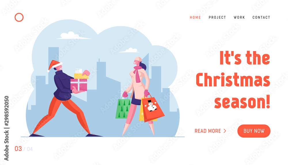 Winter Holidays Shopping Website Landing Page. Happy People Carry Gift Box and Paper Bags with Presents Hurry for Christmas Celebration with Family Web Page Banner. Cartoon Flat Vector Illustration