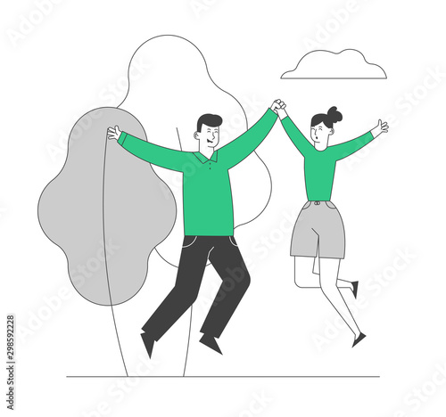 Happy Loving Couple Sparetime, Cheerful Man and Woman Characters Spend Time Together Rejoice and Jumping with Hands Up Outdoors. Love Relations, Togetherness Cartoon Flat Vector Illustration, Line Art