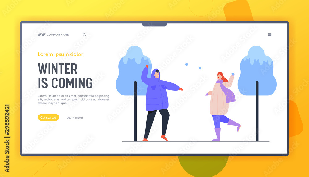 Christmas and New Year Holidays Fun Website Landing Page. Woman and Man Playing Snowballs on Street. Winter Season Outdoors Leisure and Activities Web Page Banner. Cartoon Flat Vector Illustration Christmas and New Year Holidays Fun Website Landing Page. Woman and Man Playing Snowballs on Street. Winter Season Outdoors Leisure and Activities Web Page Banner. Cartoon Flat Vector Illustration