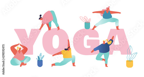 Group of Overweight Women Practicing Yoga Concept. Female Yogi Characters Meditation in Different Asana Postures, Sport Healthy Lifestyle Poster Banner Flyer Brochure. Cartoon Flat Vector Illustration