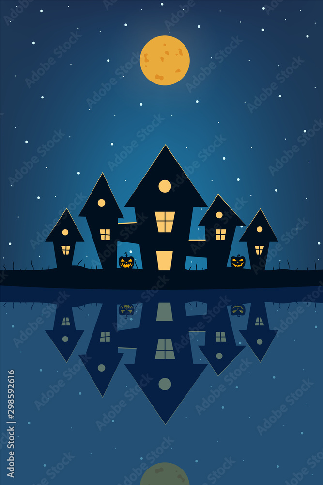 Halloween landscape with pumpkin, house, moon and stars. Illustration with reflections in water. Magic autumn holiday elements. Vector illustration design.