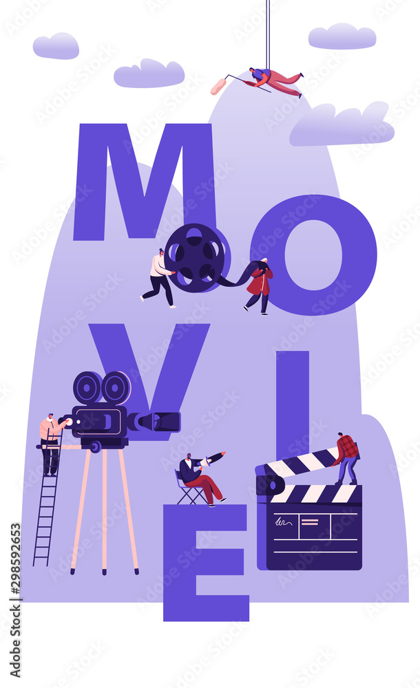 Movie Making Process Concept. Operator Using Camera and Staff with Professional Equipment for Recording Film. Clapperboard and Reel Film Poster Banner Flyer Brochure. Cartoon Flat Vector Illustration Movie Making Process Concept. Operator Using Camera and Staff with Professional Equipment for Recording Film. Clapperboard and Reel Film Poster Banner Flyer Brochure. Cartoon Flat Vector Illustration