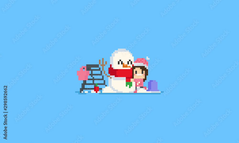 Pixel happy girl huging her snowman.Christmas.8bit.