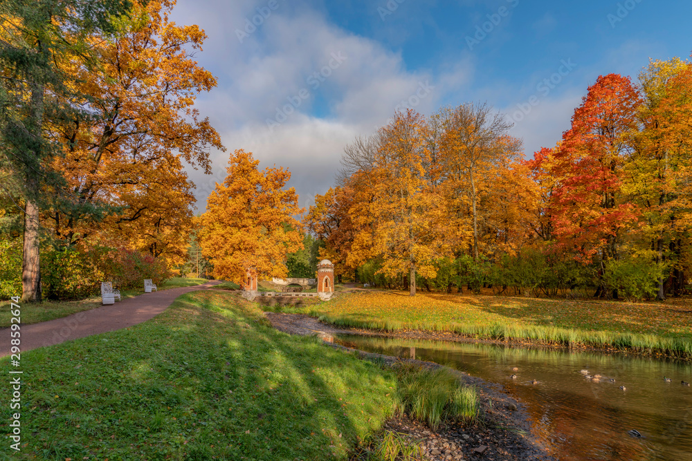 Golden autumn in Catherine Park, Pushkin, St. Petersburg, Russia. Red Cascade. Golden autumn in Catherine Park, Pushkin, St. Petersburg, Russia. Red Cascade.