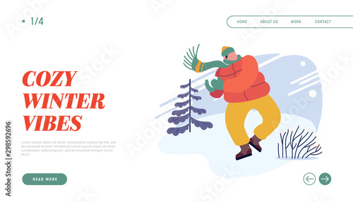 Christmas Holidays Activity Website Landing Page. Young Man in Warm Clothes Playing Snowballs on Street Throwing Snow Ball to Aim. Active Spare Time Web Page Banner. Cartoon Flat Vector Illustration