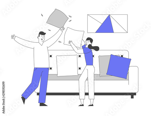 Loving Couple Male and Female Characters Jumping on Sofa Fighting with Pillows. People Fooling and Having Fun at Home, Love Human Relations, Enjoying Leisure Cartoon Flat Vector Illustration, Line Art