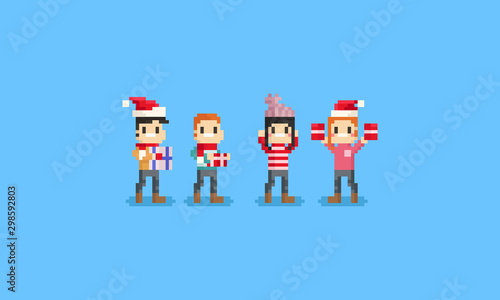 Pixel happy people holding gift box.Chrismas.8bit.