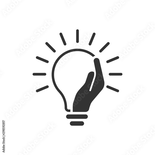 Lightbulb in hand icon in flat style. Bulb vector illustration on white isolated background. Lamp business concept.