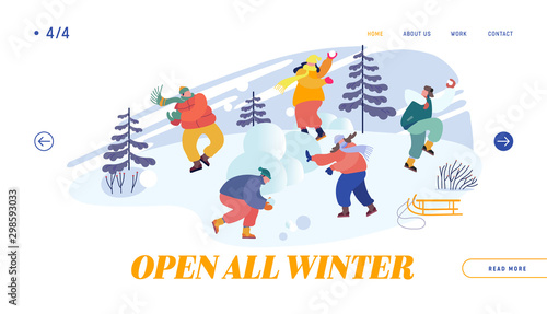 Snowballs Battle between Friends Teams Website Landing Page. Christmas Holidays Activity. Happy Young People Fight Snow Balls on Wintertime Vacation Web Page Banner. Cartoon Flat Vector Illustration
