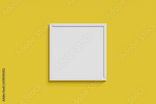 Square simple mock-up picture frame white color hanging on a blank yellow wall simple interior. 3D rendering