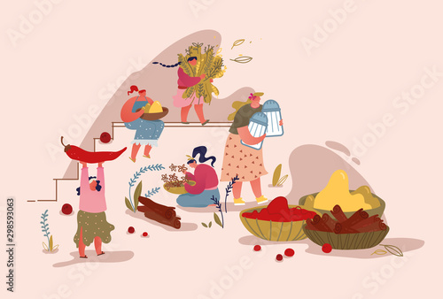 People Harvesting and Sell Spices and Herbs on Market. Ayurveda Food Ingredients Concept. Women Holding Huge Spice Items as Chili Pepper Salt Shaker Vanilla Sticks. Cartoon Flat Vector Illustration
