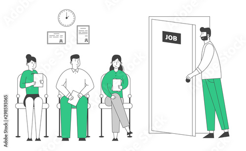 People Waiting Job Interview Sitting in Office Lobby on Chairs. Applicants with Cv Documents Hiring Work. Worried Candidate Enter Door with Job Signboard. Cartoon Flat Vector Illustration, Line Art
