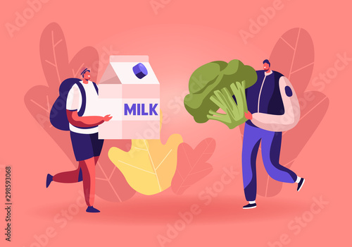 Male Characters Carry Huge Milk Box and Broccoli for Collecting Donation Box. Altruistic Behavior, Togetherness and Philanthropy Concept. Men Volunteers Teamwork. Cartoon Flat Vector Illustration