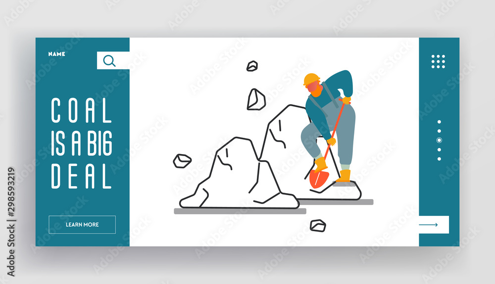 Coal Mining Website Landing Page. Miner in Working Robe and Helmet Work on Quarry with Tool Loading Coal with Shovel. Extraction Industry Web Page Banner. Cartoon Flat Vector Illustration, Line Art