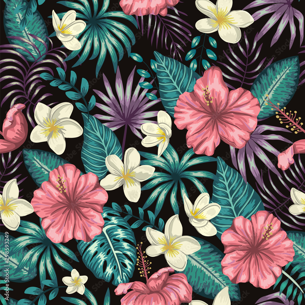 Vector seamless pattern of green tropical leaves with plumeria and hibiscus flowers on black background. Summer or spring repeat tropical backdrop. Exotic jungle ornament..