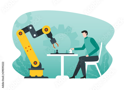 Artificial intelligence. Smart robotic arm playing chess illustration