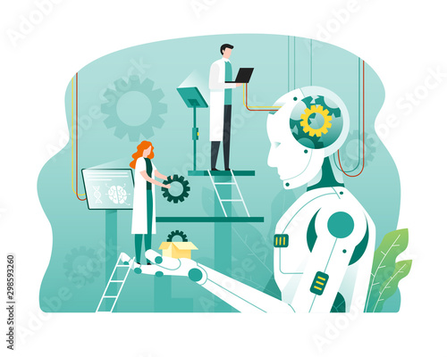 Artificial intelligence technology concept with robot and scientist illustration