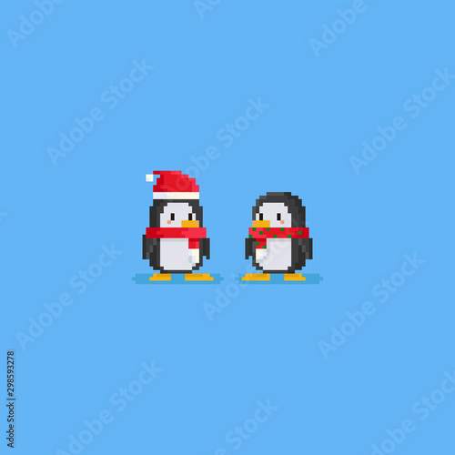 Pixel cute two penguin character wearing red scarf and santa hat.Christmas.8bit.
