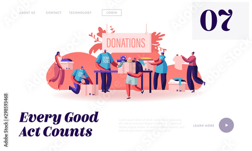 Donation and Charity Website Landing Page. Male and Female Characters Bringing Boxes with Different Things and Clothes for Poor People in Troubles Web Page Banner. Cartoon Flat Vector Illustration