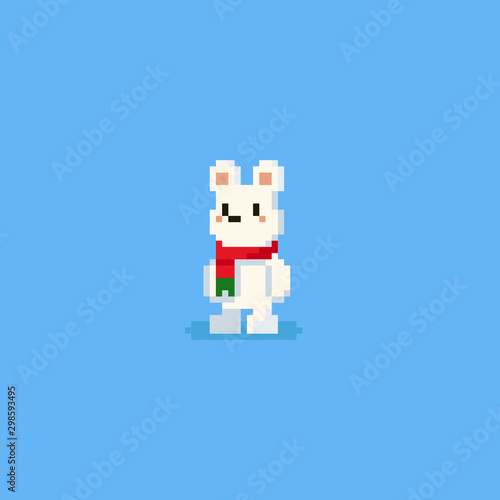 Pixel cute polar bear wearing red scarf.8bit christmas character.