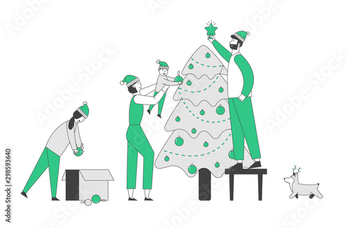 Happy Family with Dog Prepare for Christmas and New Year Holidays Celebration Decorating Fir-tree Together. Dad Mom Daughter Son and Put Toys on Branches. Cartoon Flat Vector Illustration, Line Art