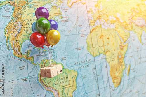 Postal express delivery service and parcels transportation, transport of purchases, logistics and business concept, package box flying on balloons in front of a world map