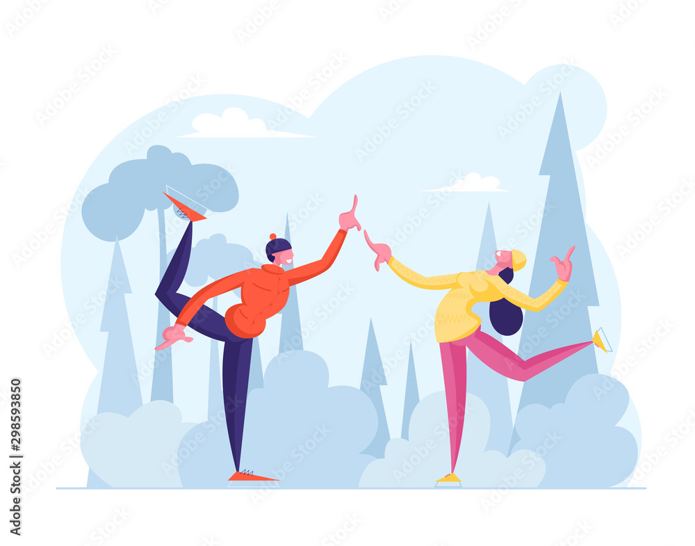Fototapeta premium Christmas Vacation Spare Time on Ice Rink. Happy Loving Couple in Warm Clothes Skating Outdoors on Frozen Pond in Winter Park. Wintertime Holidays and Entertainment. Cartoon Flat Vector Illustration