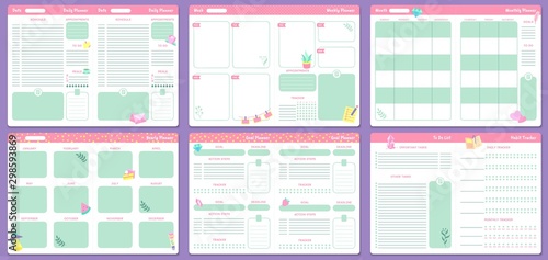 Funny planner templates. Daily, weekly, monthly and yearly planners pages. Goal planner and to do list, notebook with month calendar or 2020 memo planner. Isolated vector icons set photo