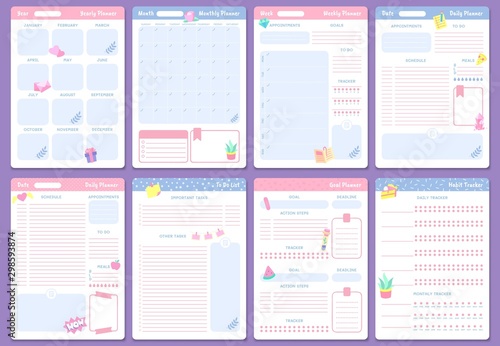 Cute planner templates. Weekly, monthly and yearly planners. To do list, goal planner and habit tracker pages design. Month organizer scrapbook schedule isolated vector icons set photo