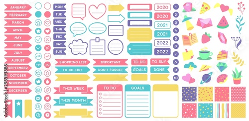 Cute planner stickers. Organizer tags, color patterns and calendar icons. Check, planners and weekly days label. Notebook stamps doodle, memo schedule sticker tag isolated vector symbols set