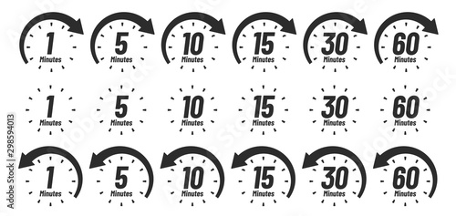 Minutes time icon. Analog clock Icons, 1 5 10 15 30 60 minute clocks and minutes ago. Work deadline arrow, delivery fast measuring clock or watch interface. Isolated sign vector set
