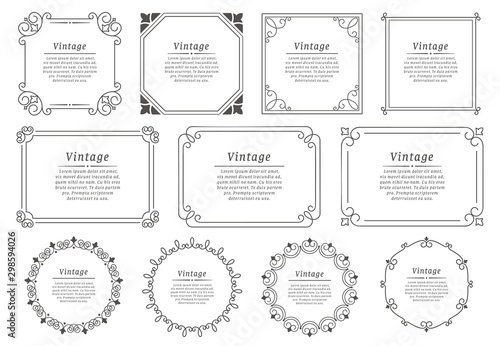 Royal hand drawn text frame. Retro elegant graphic frame, vintage ornamental border and decorative book emblem. Birthday or wedding victorian invitation divider. Certificate isolated vector icons set photo