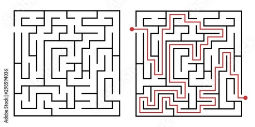 Labyrinth game way. Square maze, simple logic game with labyrinths way. How to find out quiz, finding exit path rebus or logic labyrinth challenge isolated vector illustration