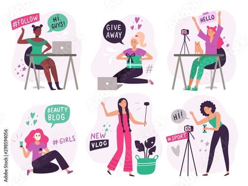 Cute blogger girls. Beauty bloggers create and post video content, smiling vlogger girl and online young woman blog. Social media vlog phones shooting. Isolated flat vector illustration icons set