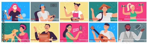 Video tutorial. Bloggers, content creators and vloggers influencers videos in player interface. People shoot video tutorials for internet, education vlogs. Flat vector illustration icons set photo