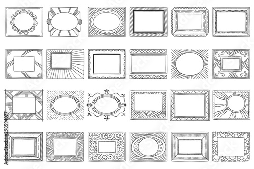 Hand drawn picture frames. Sketch frame, doodle style photo and art mirror frames. Square framing border, ink decoration doodle. Isolated vector icons set