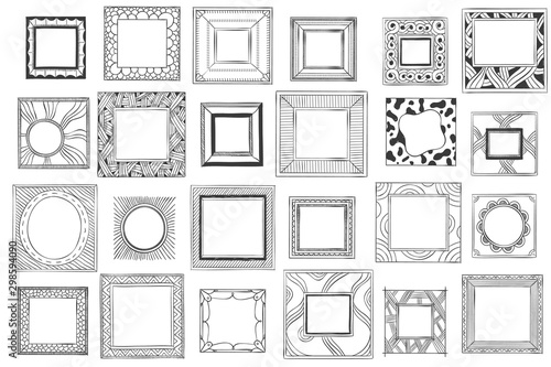 Square hand drawn frames. Sketch picture, doodle mirror or photo frame. Vintage framed painting, ornate photo borders or picture frames. Isolated vector symbols set