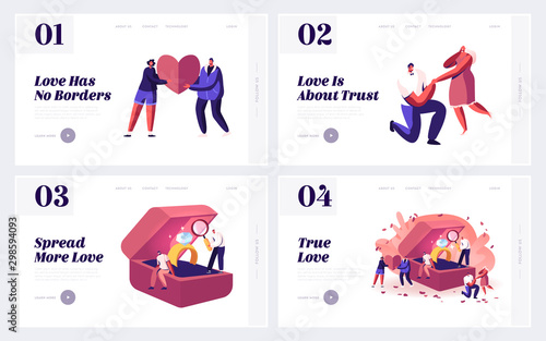 Love, Proposal and Engagement Website Landing Page Set. Loving Men Asking Women Get Married Standing on Knees, Choosing Ring in Bridal Jewelry Store Web Page Banner. Cartoon Flat Vector Illustration