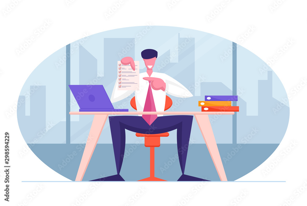 Business Contract Concept. Smiling Businessman or Lawyer Consultant in Formalwear Sitting at Desk with Laptop in Office Demonstrate Paper Document with Check List. Cartoon Flat Vector Illustration