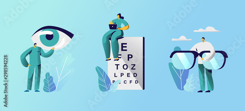 Oculist Doctors Set, Professional Optician Exam Devices for Treatment Vision Eyeglasses and Chart for Eyesight Check Up. Medical Optician Treatment Focus Correction.Cartoon Flat Vector Illustration
