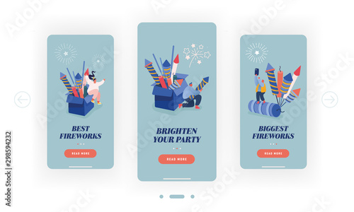 Happy People Setting Off Colourful Fireworks and Petards Mobile App Page Onboard Screen Set. Holidays Celebration Pyrotechnics Show Concept for Website or Web Page, Cartoon Flat Vector Illustration
