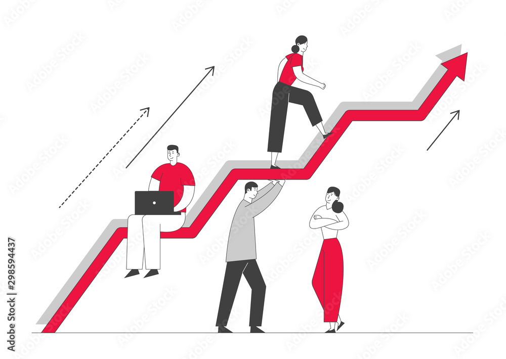 Fototapeta premium Investment Growth Concept. Business Characters Team Working and Holding Huge Growing Arrow, Leader Climbing on Top. Businesspeople Teamwork and Leadership. Cartoon Flat Vector Illustration, Line Art
