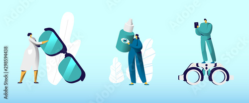 Ophthalmologist Doctors with Professional Equipment Set. Eyesight Check Up for Eyeglasses Diopter. Oculists with Glasses Drops and Optometry Device Checkup Eye Sight. Cartoon Flat Vector Illustration