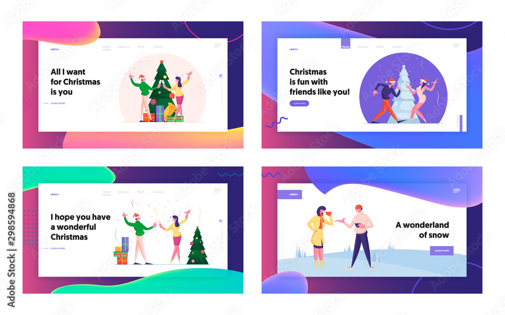 People Have Fun in Office or Home Party and Outdoors Meeting Website Landing Page Set. Men and Women Spending Time at Christmas Event, Dance and Drink Web Page Banner. Cartoon Flat Vector Illustration